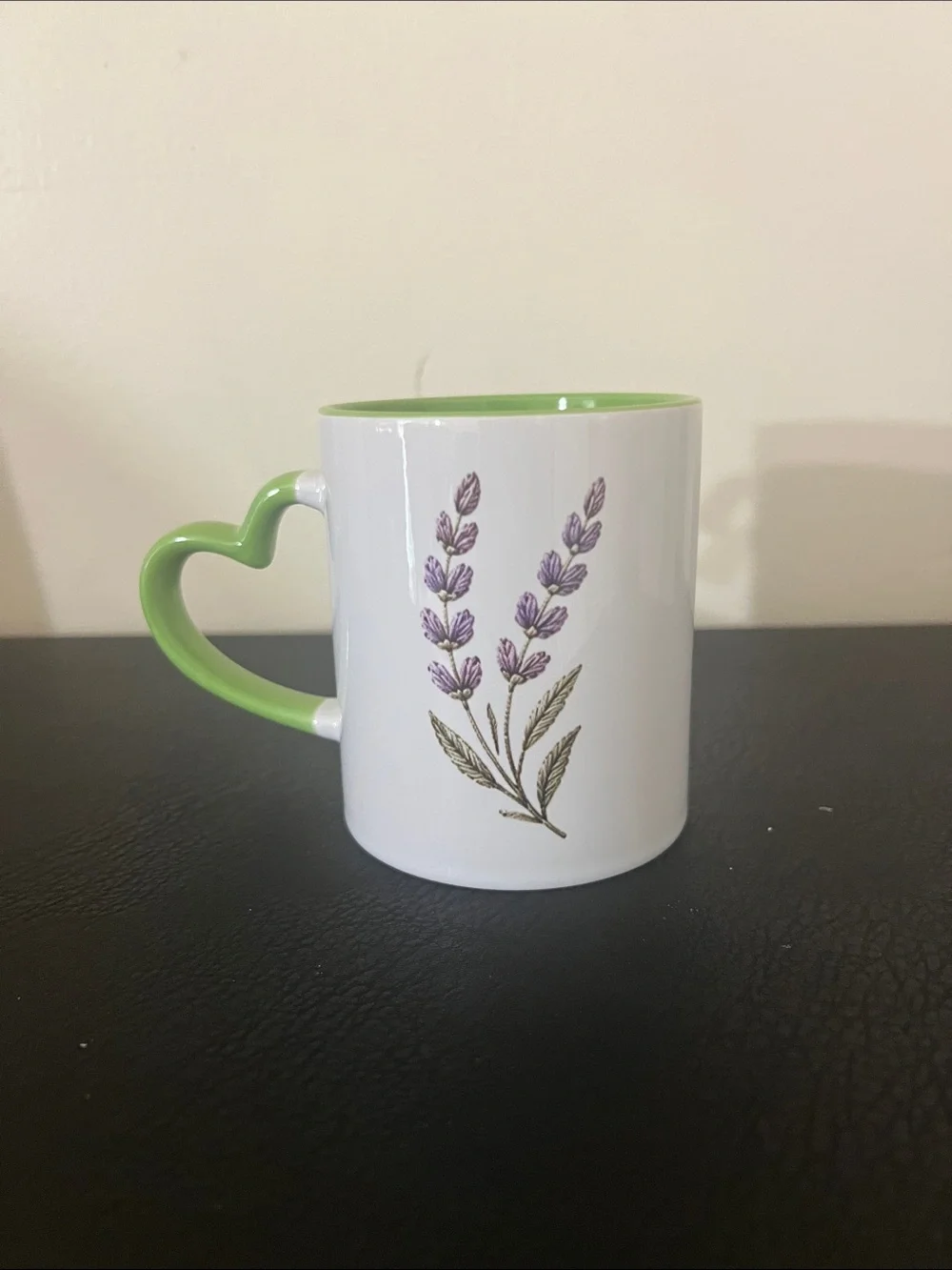 Lavender Bloom White and Green Ceramic Mug - Heart Handle
